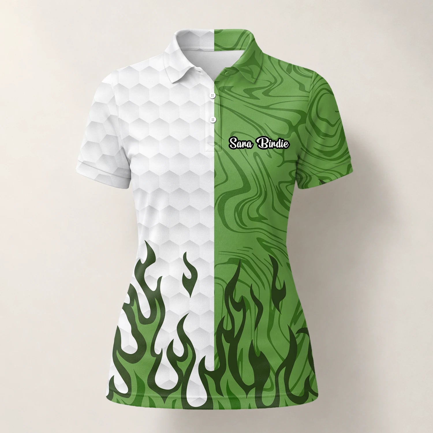 Personalisiertes Golf Poloshirt Weiß Grünes Flammen Marmor Design für Damen D2353