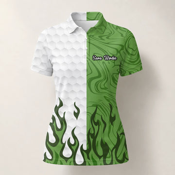 Personalisiertes Golf Poloshirt Weiß Grünes Flammen Marmor Design für Damen D2353