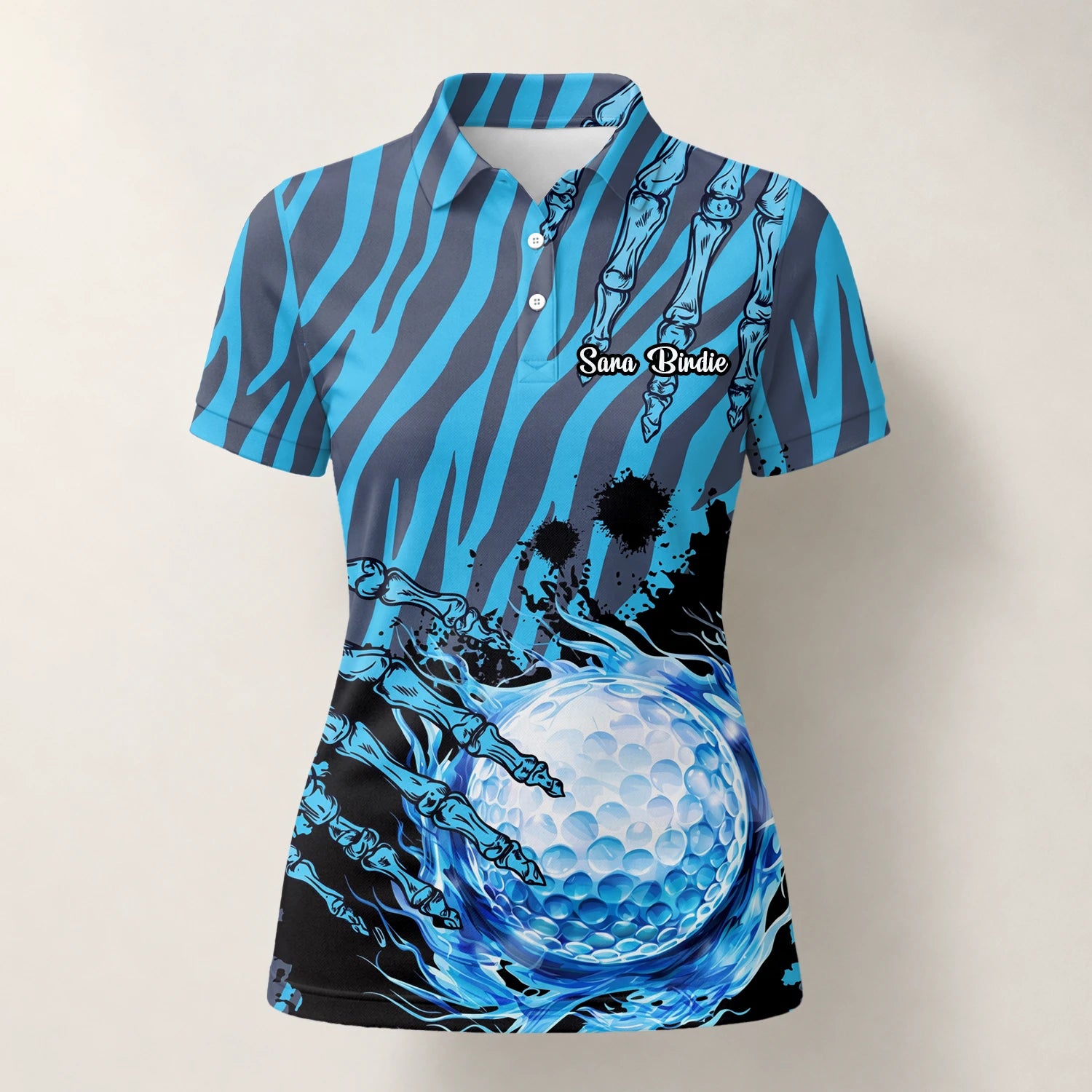 Personalisiertes Golf Poloshirt Blau Schwarzes Golfball Wasser Splash Design für Damen B9791