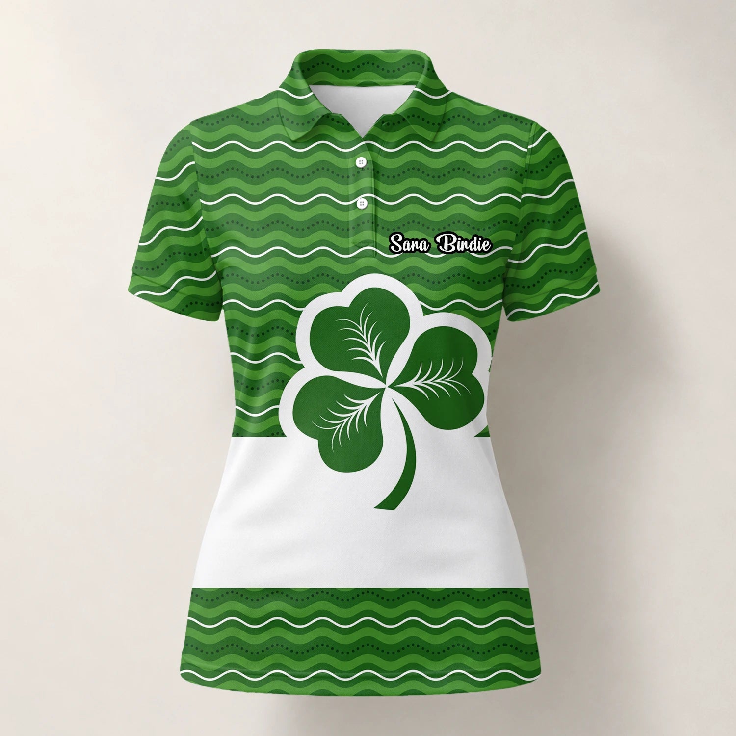 Personalisiertes Golf Poloshirt Grünes Kleeblatt Wellen Design für Damen I6128