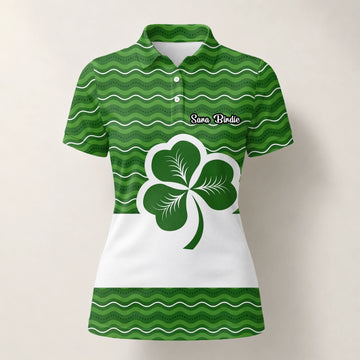 Personalisiertes Golf Poloshirt Grünes Kleeblatt Wellen Design für Damen I6128
