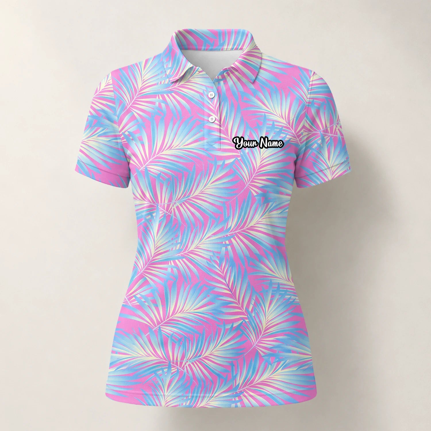 Personalisiertes Golf Poloshirt Rosa Blaues Palmenblätter Design für Damen F1458
