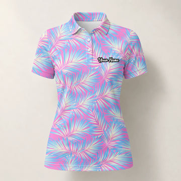 Personalisiertes Golf Poloshirt Rosa Blaues Palmenblätter Design für Damen F1458
