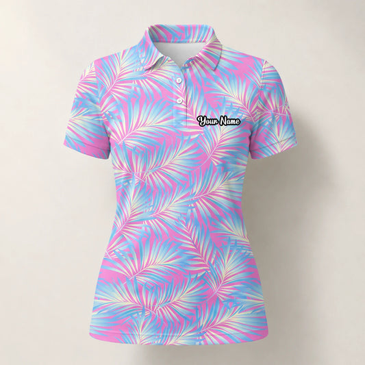 Personalisiertes Golf Poloshirt Rosa Blaues Palmenblätter Design für Damen F1458