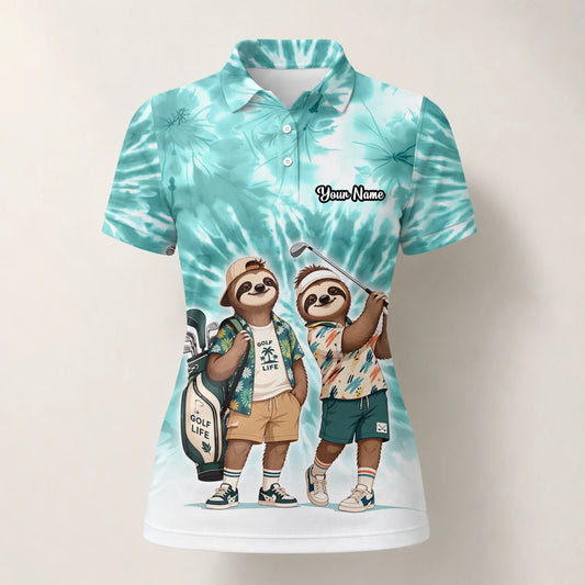 Personalisiertes Golf Poloshirt Türkis Faultier Golfer Cartoon Design für Damen C1614