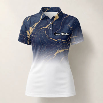 Personalisiertes Golf Poloshirt Marineblau Weißes Marmor Goldadern Design für Damen U5613