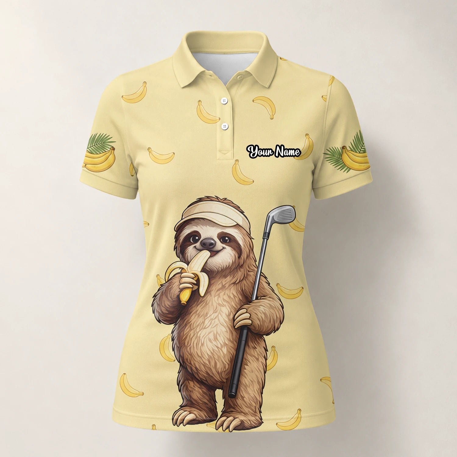 Personalisiertes Golf Poloshirt Hellgelbes Faultier Banane Golfer Cartoon Design für Damen G3327