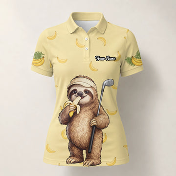 Personalisiertes Golf Poloshirt Hellgelbes Faultier Banane Golfer Cartoon Design für Damen G3327