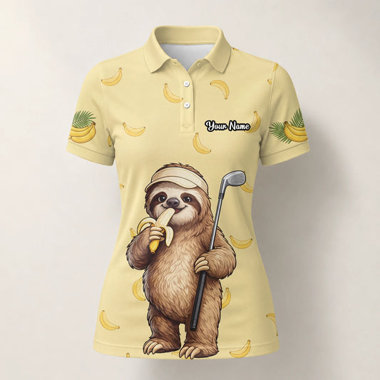 Personalisiertes Golf Poloshirt Hellgelbes Faultier Banane Golfer Cartoon Design für Damen G3327