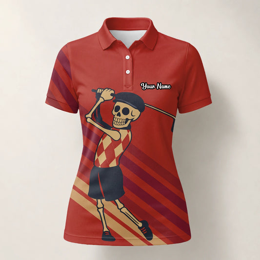 Personalisiertes Golf Poloshirt Rotes Skelett Golfer Cartoon Design für Damen F3648