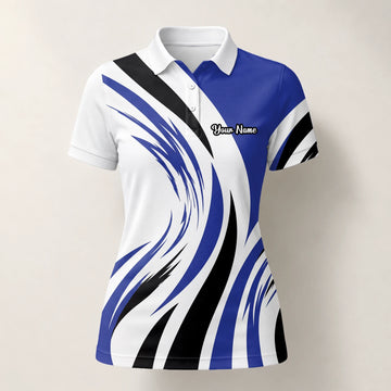 Personalisiertes Golf Poloshirt Weiß Blau Schwarzes Abstraktes Wellen Design für Damen V7849
