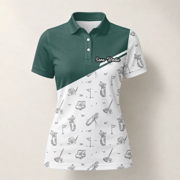 Personalisiertes Golf Poloshirt Grün Weißes Golfschläger Skizzen Design für Damen L9936