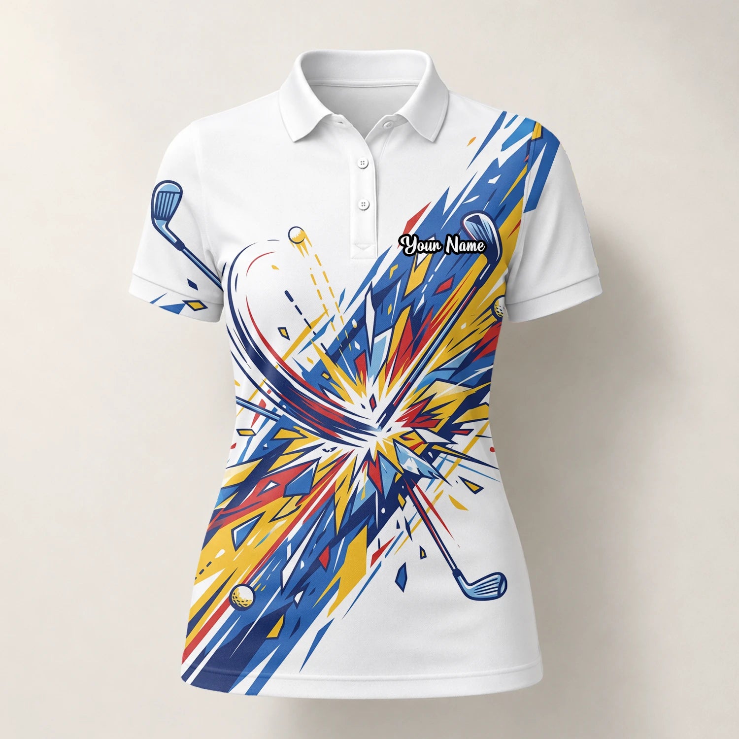 Personalisiertes Golf Poloshirt Weiß Blaues Golf Schwung Grafik Design für Damen B2869