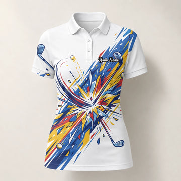 Personalisiertes Golf Poloshirt Weiß Blaues Golf Schwung Grafik Design für Damen B2869