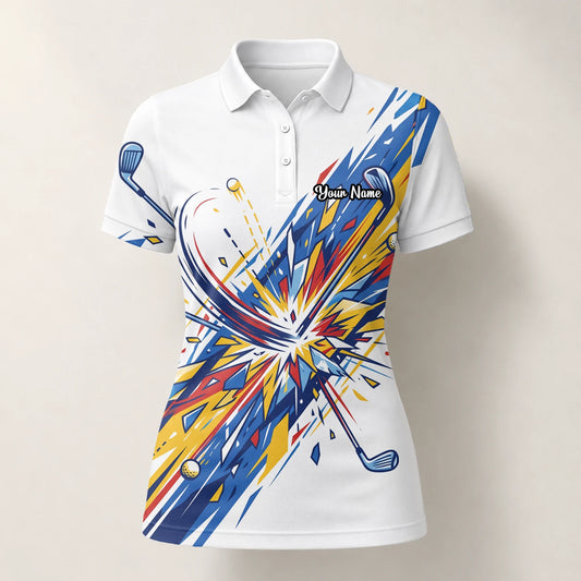 Personalisiertes Golf Poloshirt Weiß Blaues Golf Schwung Grafik Design für Damen B2869