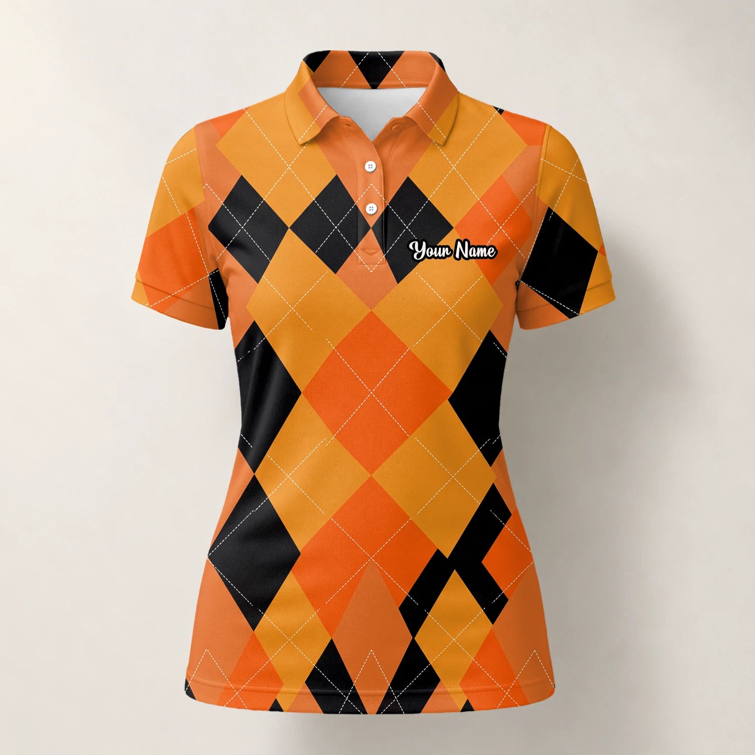 Personalisiertes Golf Poloshirt Orange Schwarzes Rauten Muster für Damen C4203