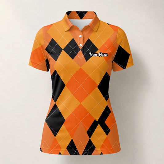 Personalisiertes Golf Poloshirt Orange Schwarzes Rauten Muster für Damen C4203