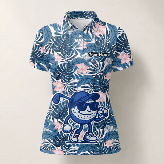 Personalisiertes Golf Poloshirt Marineblaues Tropisches Blätter Golfball Cartoon Design für Damen I7191