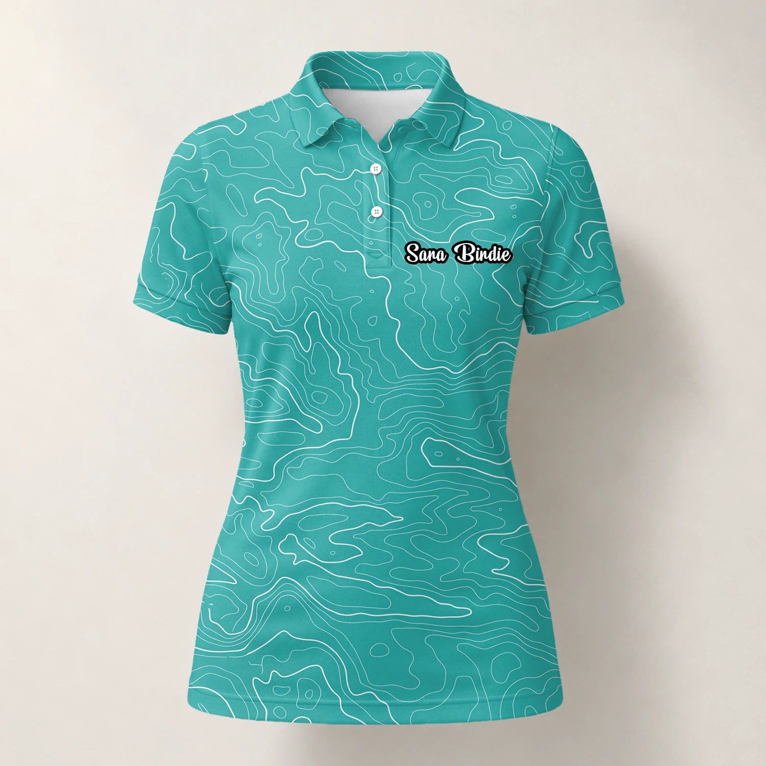 Personalisiertes Golf Poloshirt Türkisfarbenes Topografisches Konturlinien Design für Damen U3552