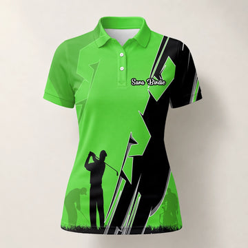 Personalisiertes Golf Poloshirt Limettengrünes Golfer Silhouetten Blitz Design für Damen V5316