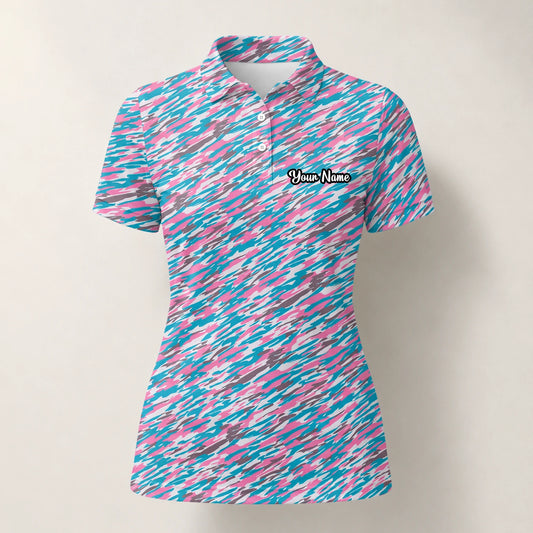 Personalisiertes Golf Poloshirt Rosa Türkis Abstraktes Sprenkel Design für Damen S1159