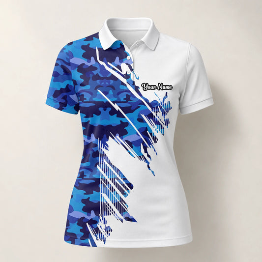 Personalisiertes Golf Poloshirt Weiß Blaues Camo Pinselstrich Design für Damen M3845