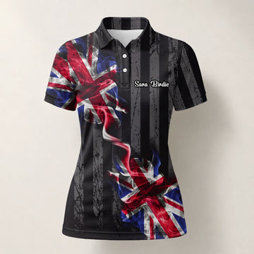 Personalisiertes Golf Poloshirt Schwarz Union Jack Blitz Design für Damen U9443