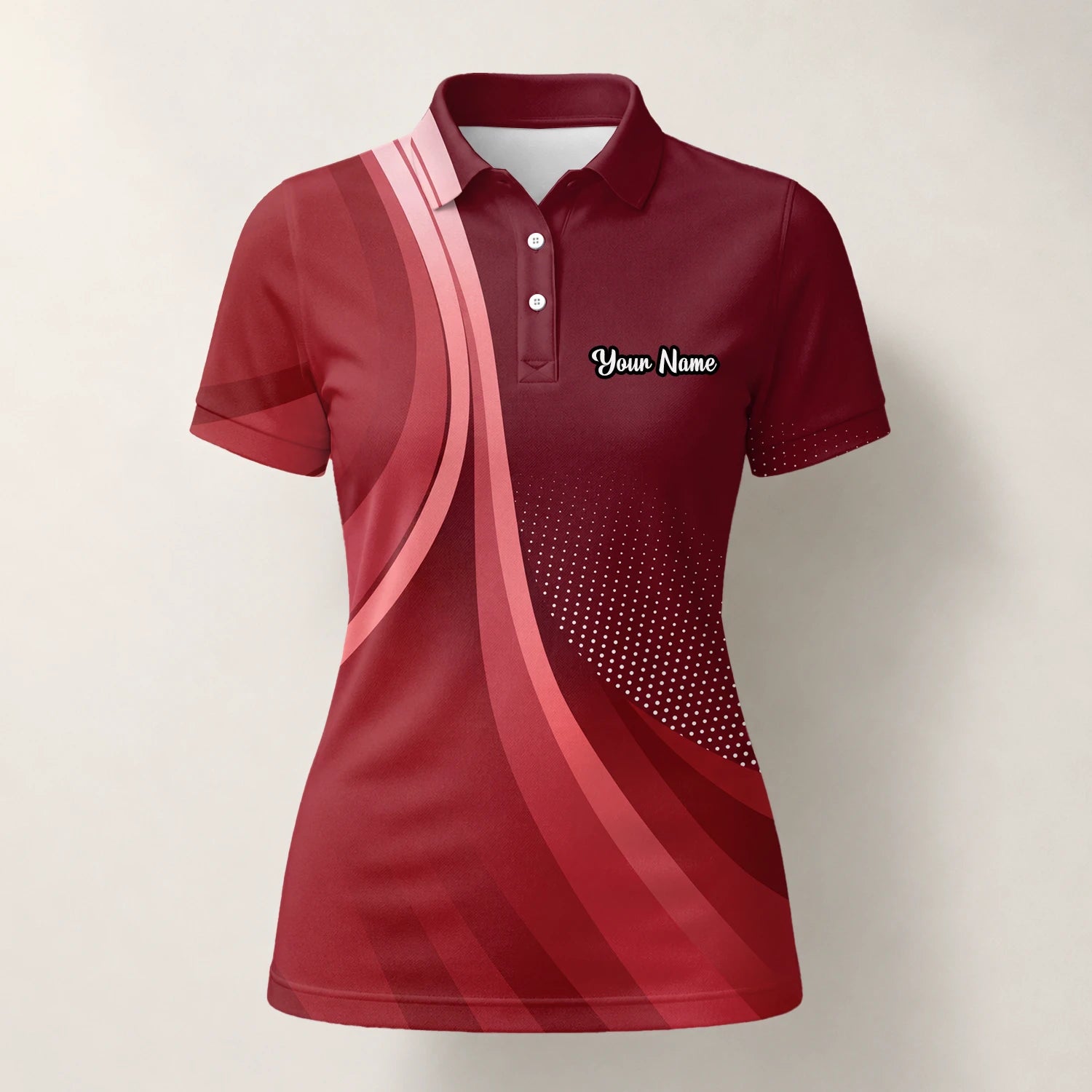 Personalisiertes Golf Poloshirt Bordeaux Rotes Abstraktes Wellen Design für Damen B4612