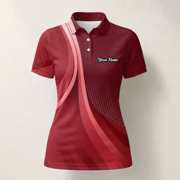 Personalisiertes Golf Poloshirt Bordeaux Rotes Abstraktes Wellen Design für Damen B4612
