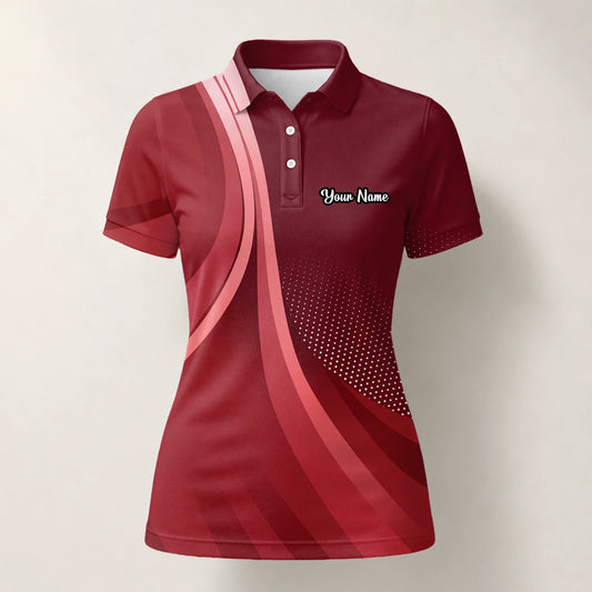 Personalisiertes Golf Poloshirt Bordeaux Rotes Abstraktes Wellen Design für Damen B4612
