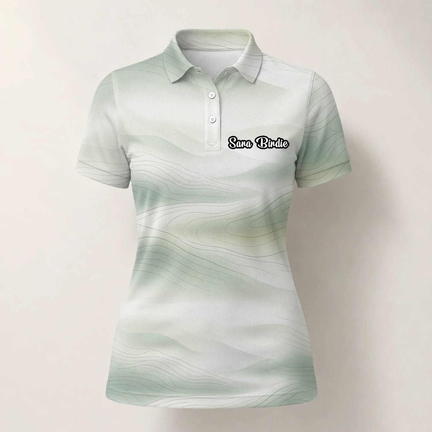 Personalisiertes Golf Poloshirt Weiß Salbeigrünes Abstraktes Wellen Design für Damen F8070