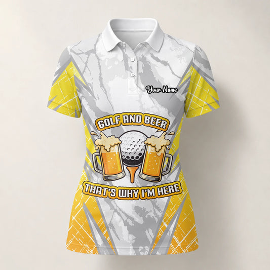 Personalisiertes Golf Poloshirt Grau Gelbes Golf und Bier Spruch Design für Damen P2319