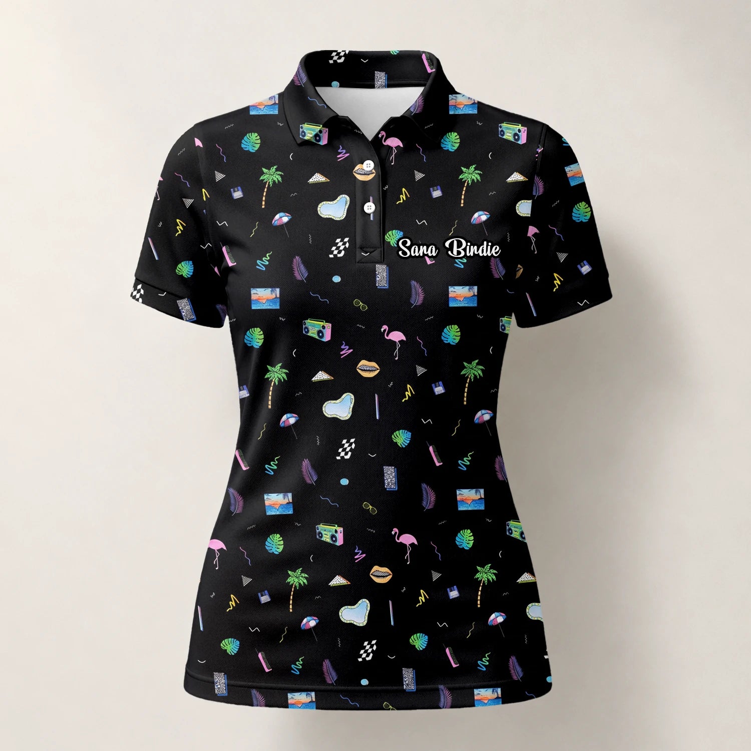 Personalisiertes Golf Poloshirt Schwarzes Urlaub Reise Doodle Design für Damen V7883