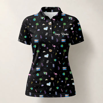 Personalisiertes Golf Poloshirt Schwarzes Urlaub Reise Doodle Design für Damen V7883