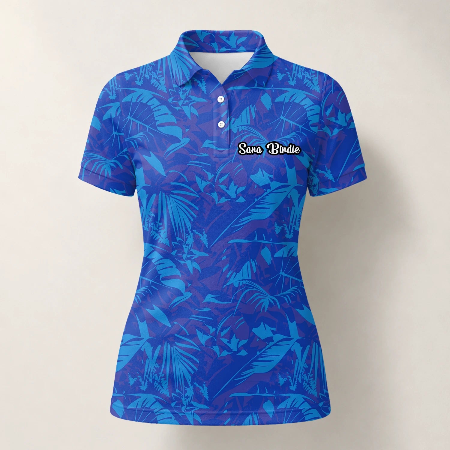 Personalisiertes Golf Poloshirt Blaues Tropisches Blätter Design für Damen Z7717