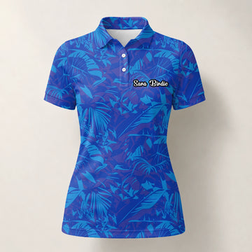 Personalisiertes Golf Poloshirt Blaues Tropisches Blätter Design für Damen Z7717