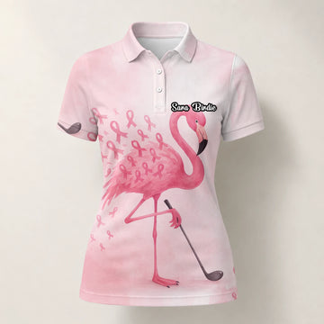 Personalisiertes Golf Poloshirt Rosa Flamingo Golfer Brustkrebs Schleifen Design für Damen R9354