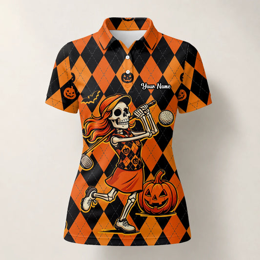 Personalisiertes Golf Poloshirt Orange Schwarzes Halloween Skelett Golfer Kürbis Rauten Design für Damen Z9562