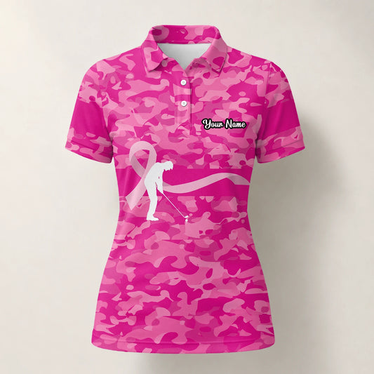 Personalisiertes Golf Poloshirt Rosa Camo Brustkrebs Awareness Schleifen Golfer Design für Damen Z3179