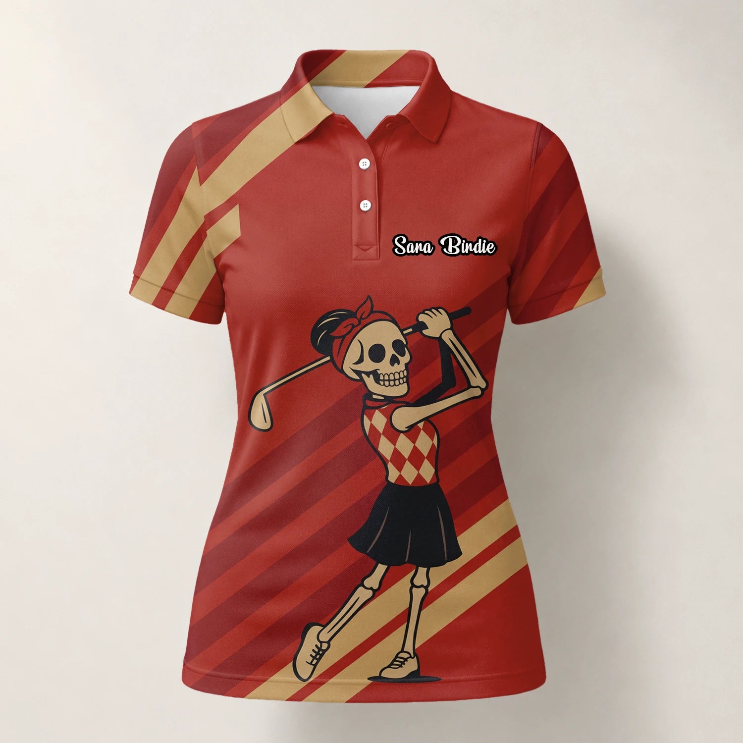 Personalisiertes Golf Poloshirt Rotes Skelett Golfer Cartoon Design für Damen Y0970