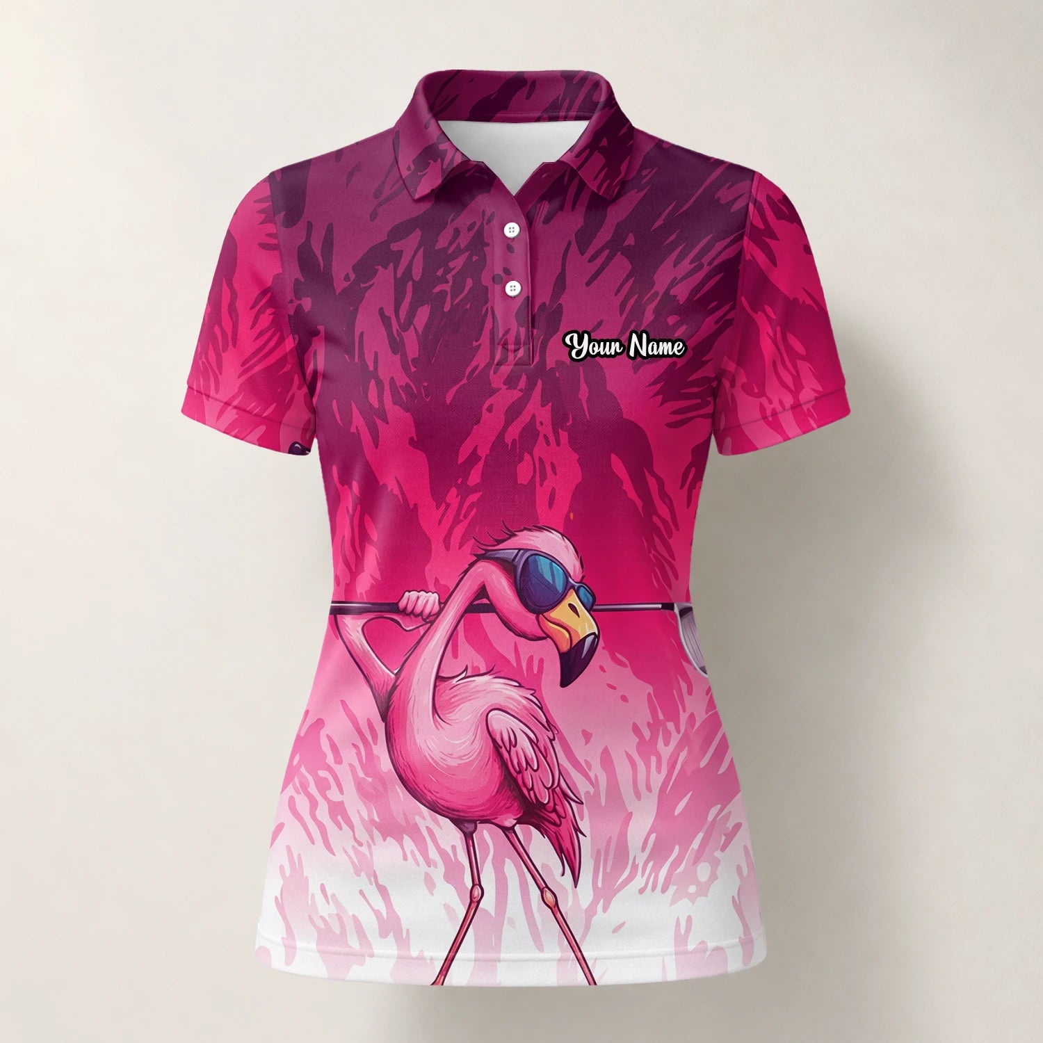 Personalisiertes Golf Poloshirt in Rosa mit Flamingo-Golfer und Farbklecks für Damen R4990