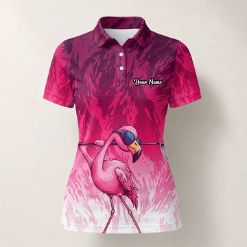 Personalisiertes Golf Poloshirt in Rosa mit Flamingo-Golfer und Farbklecks für Damen R4990