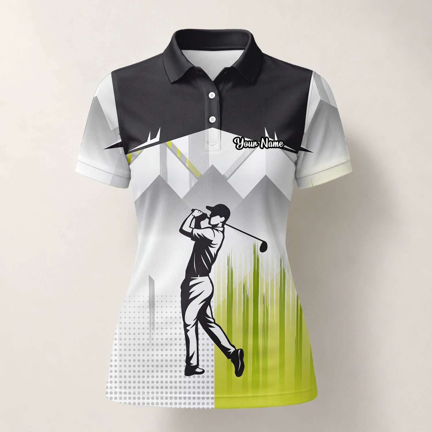 Personalisiertes Golf Poloshirt Schwarz Grau Limettengrünes Golfer Silhouetten Design für Damen F4552