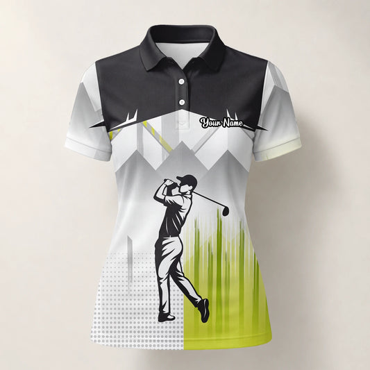Personalisiertes Golf Poloshirt Schwarz Grau Limettengrünes Golfer Silhouetten Design für Damen F4552