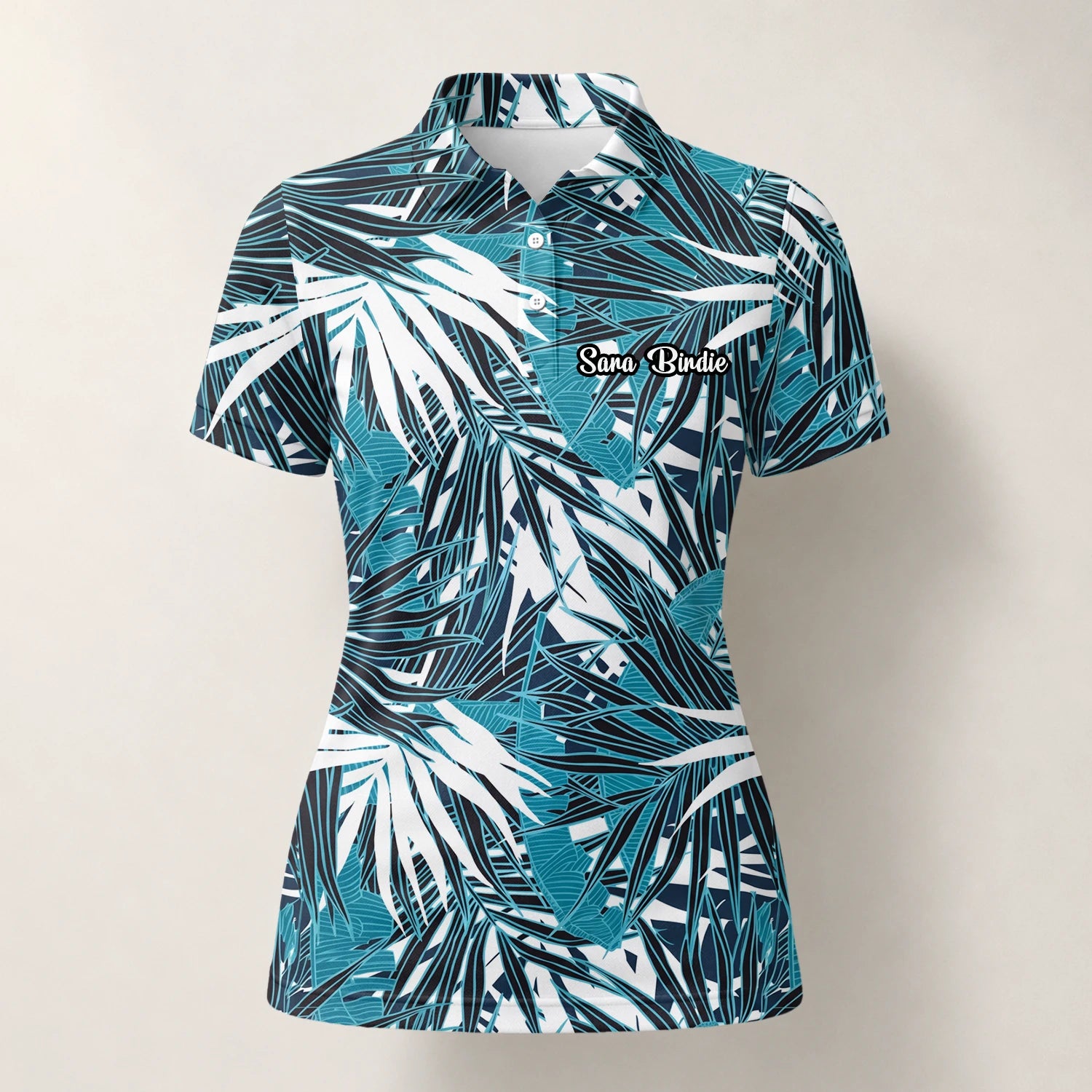 Personalisiertes Golf Poloshirt Türkis Schwarz Weißes Palmenblätter Design für Damen S8543