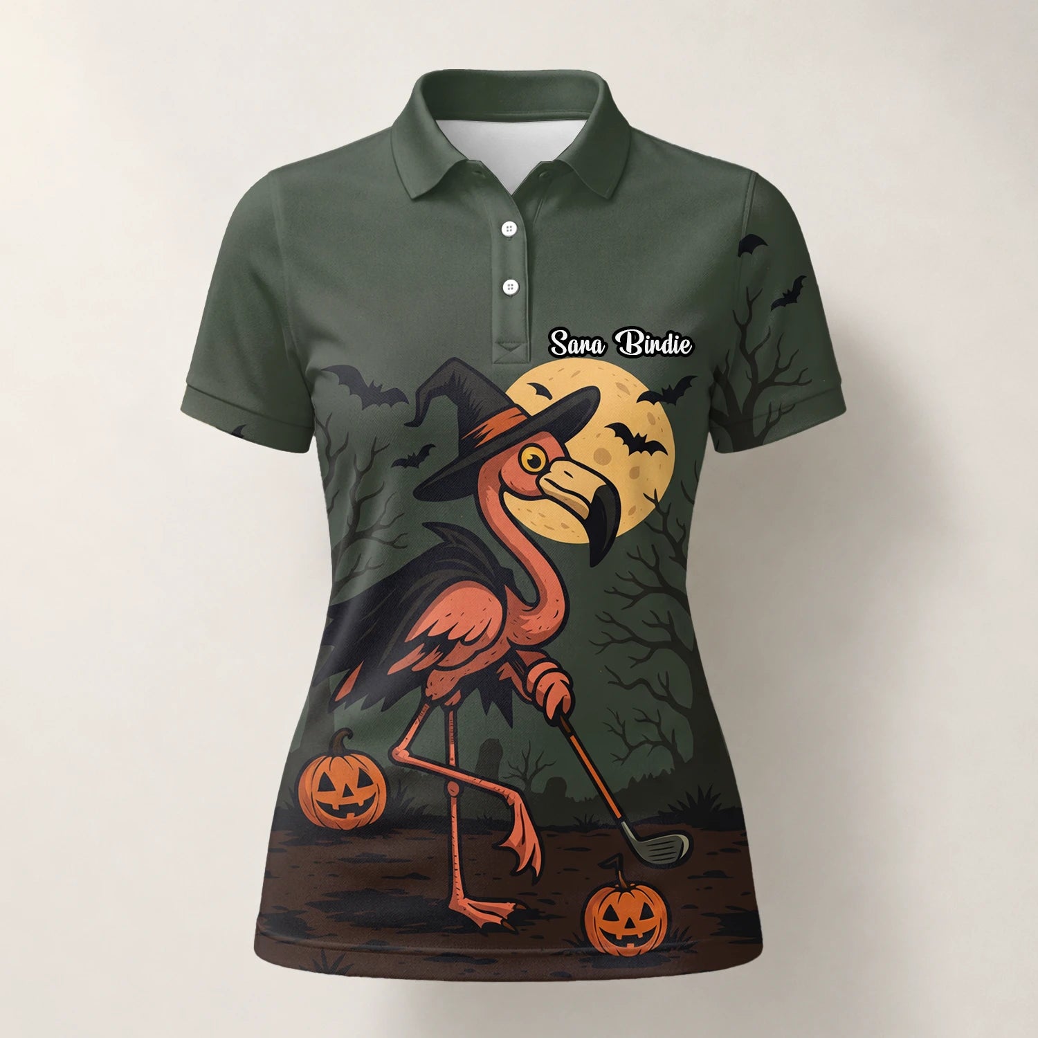 Personalisiertes Golf Poloshirt Olivgrünes Halloween Flamingo Hexe Golfer Kürbis Design für Damen X5811