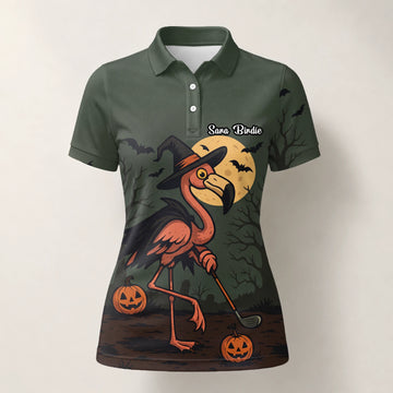 Personalisiertes Golf Poloshirt Olivgrünes Halloween Flamingo Hexe Golfer Kürbis Design für Damen X5811