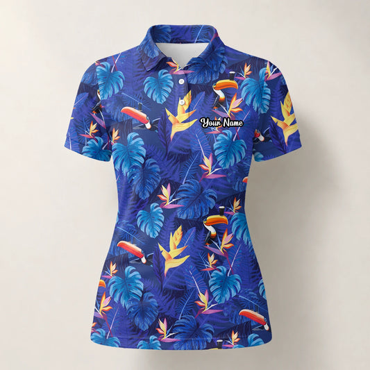 Personalisiertes Golf Poloshirt Marineblaues Tropisches Tukan Blätter Design für Damen S1836