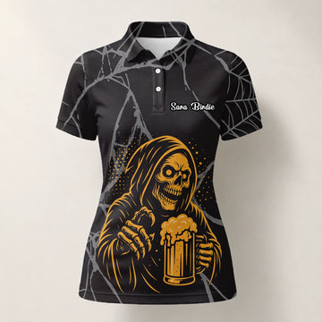 Personalisiertes Golf Poloshirt Schwarz Goldenes Sensenmann Bier Design für Damen J8667