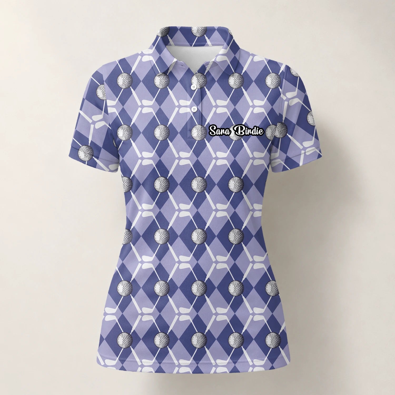 Personalisiertes Golf Poloshirt Blaues Rauten Golfball Golfschläger Design für Damen F3847